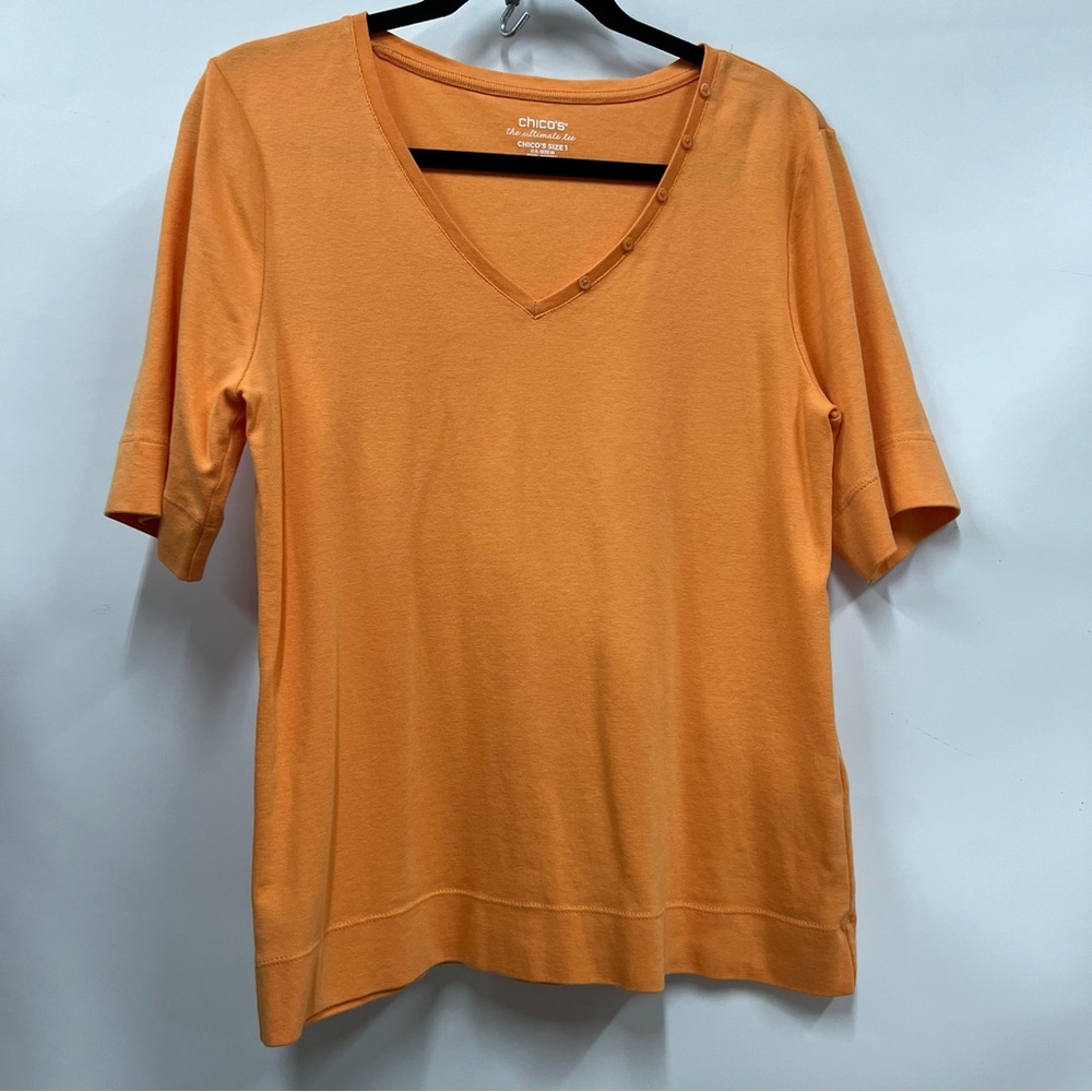 Chico's Size 1 M Orange V-Neck Top The Ultimate Tee 100% cotton